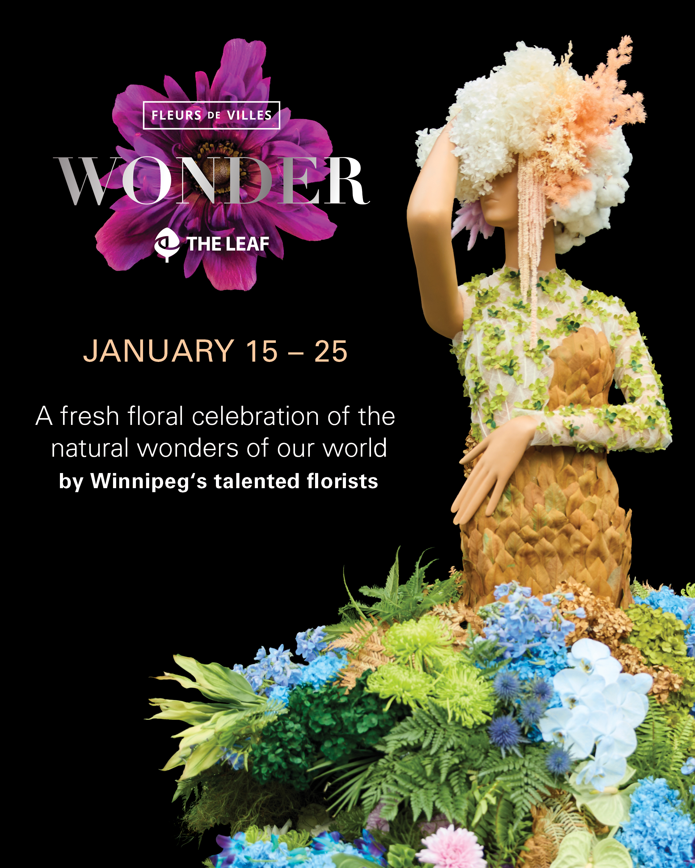 Fleurs de Villes WONDER logo beside a floral mannequin